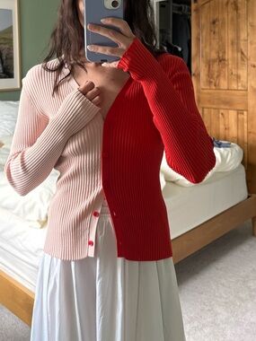 STAUD Colorblock Rib-Knit Button Cardigan - Pink & Red